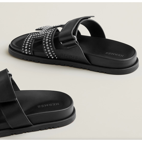 Hermes Chypre Sandal Black Silver Studded Stud H Logo Slide Slip On Flat 37.5 - Picture 8 of 12